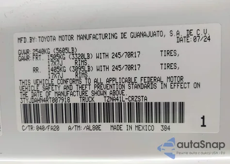 2024 Toyota Tacoma Sr 2Wd из США, поврежденный, VIN 3TYJDAHN4RT007918